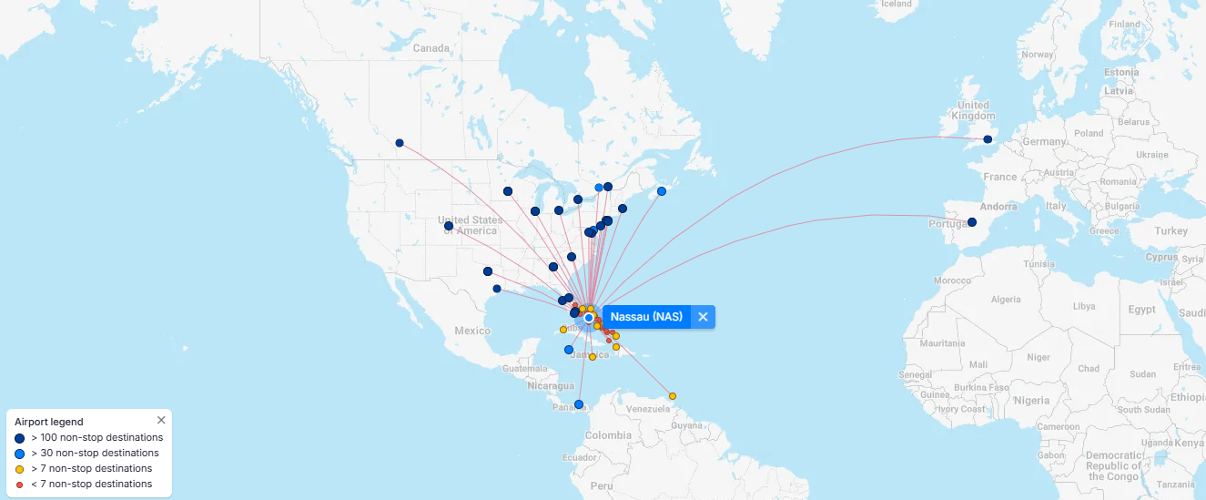 Map of non-stop flight routes to Nassau (NAS) from across North America, Europe, and the Caribbean