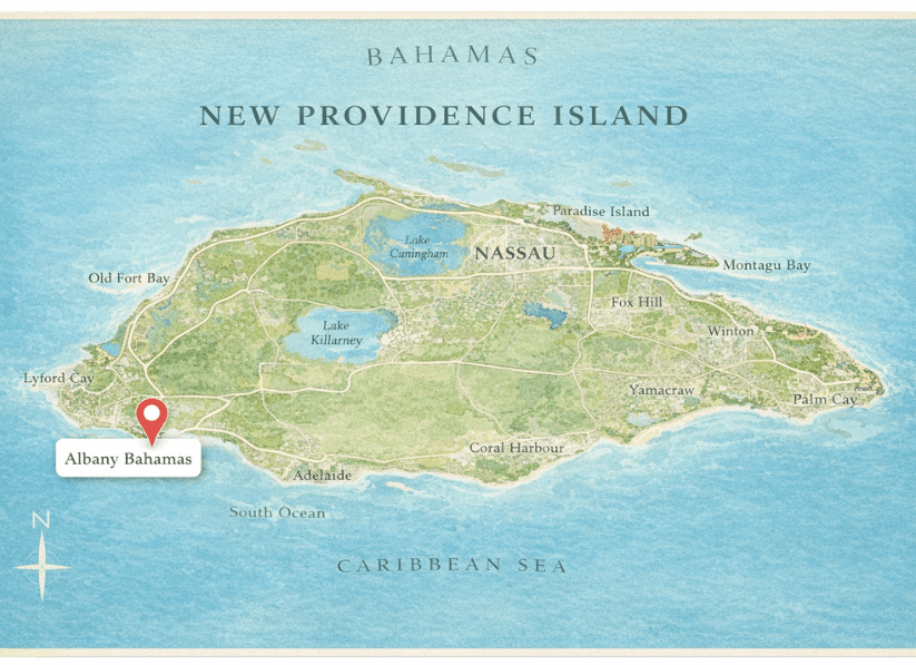 Illustrated map of New Providence Island, Bahamas, with Albany marked on the southwest coast